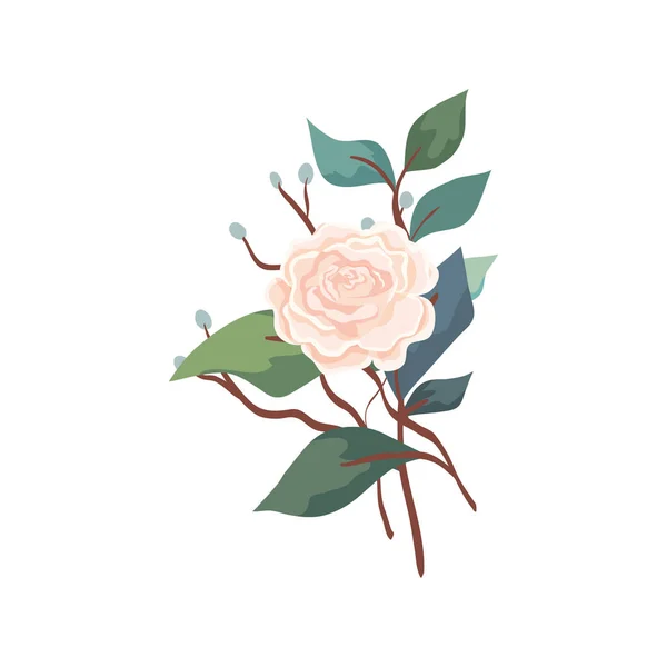 Linda rosa con ramas y hojas icono aislado — Vector de stock