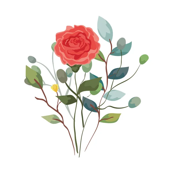 Χαριτωμένο τριαντάφυλλο με κλαδιά και φύλλα φυσικό — Διανυσματικό Αρχείο