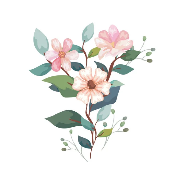 Dalları ve yaprakları olan sevimli çiçekler izole edilmiş ikon — Stok Vektör