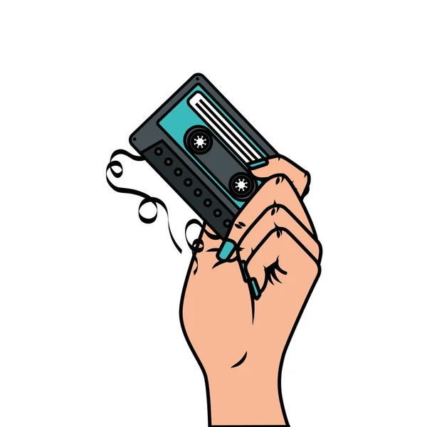 Hand met cassette muziek pop art stijl icoon — Stockvector
