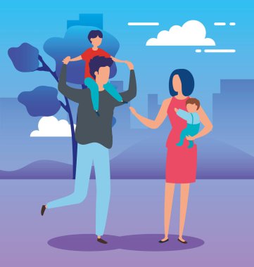 Park doğasında oğulları olan aileler.