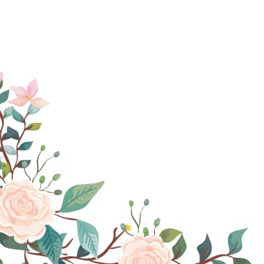 Dalları ve yaprakları olan sevimli güller izole edilmiş ikonlar.