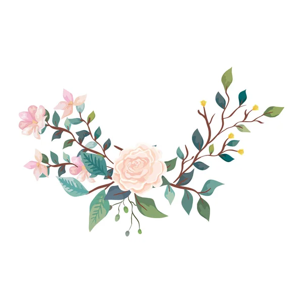 Милая роза с цветами и листочками изолированный значок — стоковый вектор