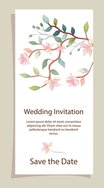 Kartka z zaproszeniami ślubnymi z gałęziami i dekoracjami kwiatów — Wektor stockowy