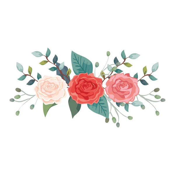 Милые розы с ветками и листочками изолированный значок — стоковый вектор