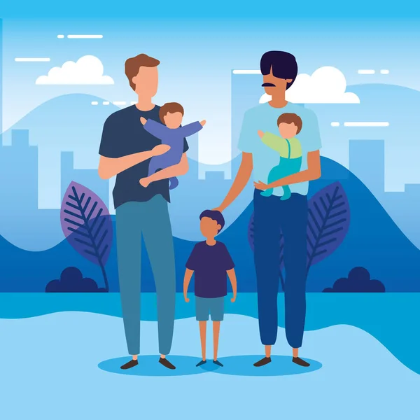 Hombres con hijos en personajes de la naturaleza del parque — Vector de stock