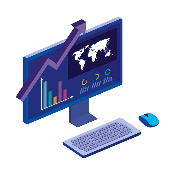 Computer-Desktop mit statistischer Grafik und Karte — Stockvektor