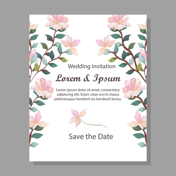 Carte d'invitation de mariage avec branches et fleurs décoration — Image vectorielle