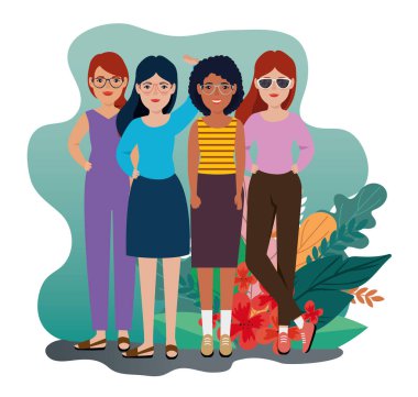 Tropik yapraklarla ayakta duran bir grup kadın.