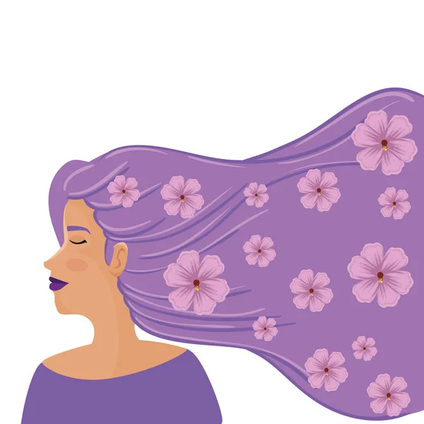 Hermosa mujer con el pelo púrpura y flores — Vector de stock