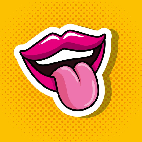Mulut seksi dengan lidah di latar belakang ikon gaya seni pop kuning - Stok Vektor
