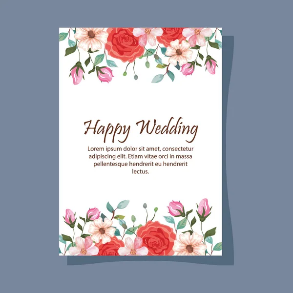 Invitación de boda feliz con decoración de flores — Vector de stock