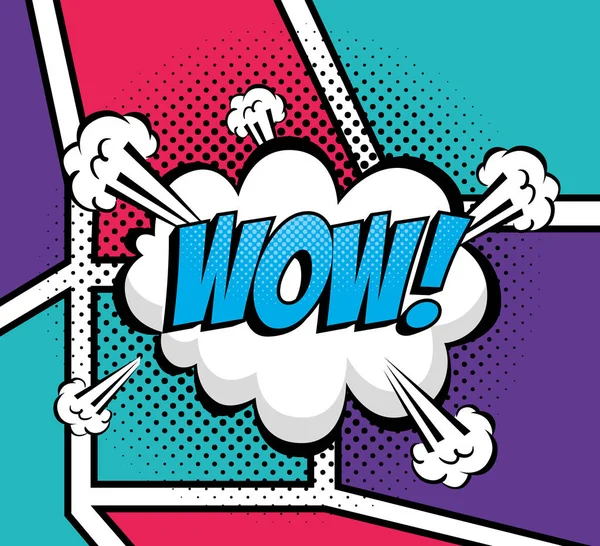 Cloud with wow lettering pop art style icon — Stock Vector