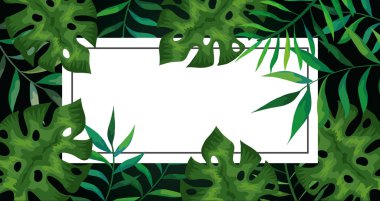 Tropikal dallar ve yapraklarla çevrili.