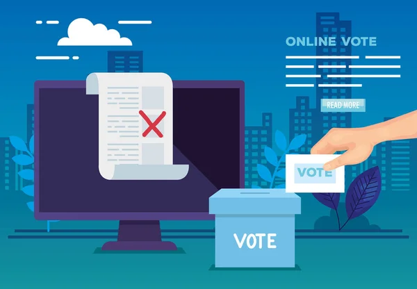 Manifesto di voto online con computer e icone — Vettoriale Stock