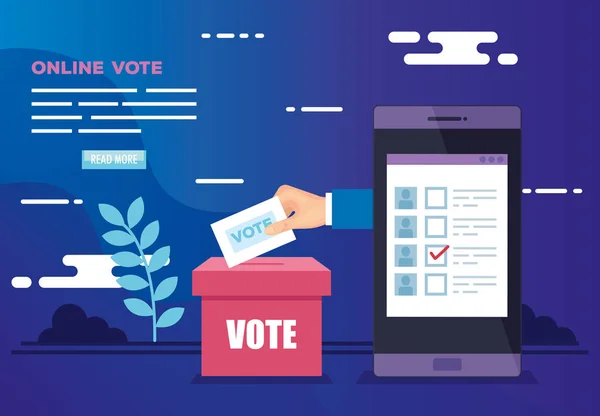 Cartaz de voto online com smartphone e ícones — Vetor de Stock