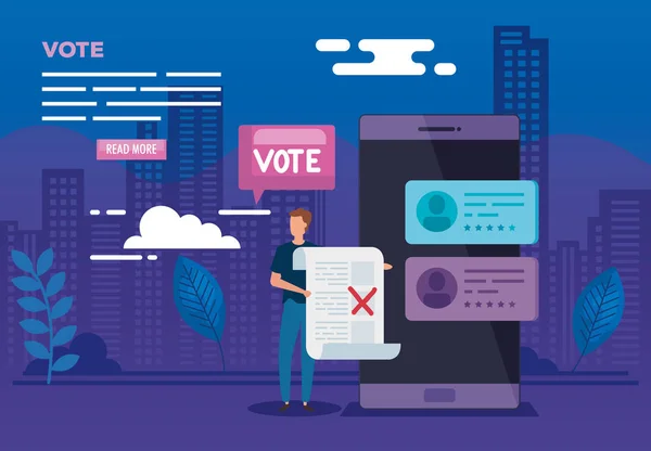 Plakát hlasování on-line s smartphone a muž — Stockový vektor