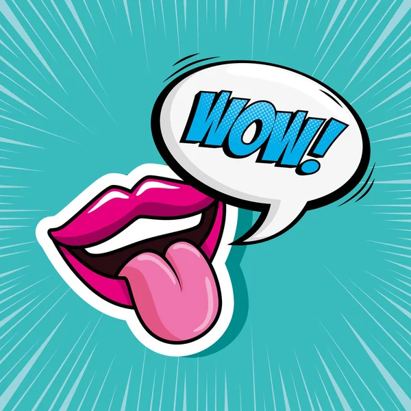 Bocca sexy con la lingua fuori con wow lettering icona stile pop art — Vettoriale Stock