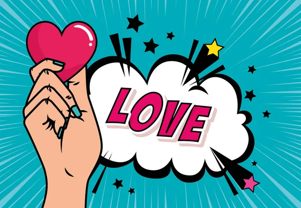 Main et coeur avec amour lettrage style pop art — Image vectorielle