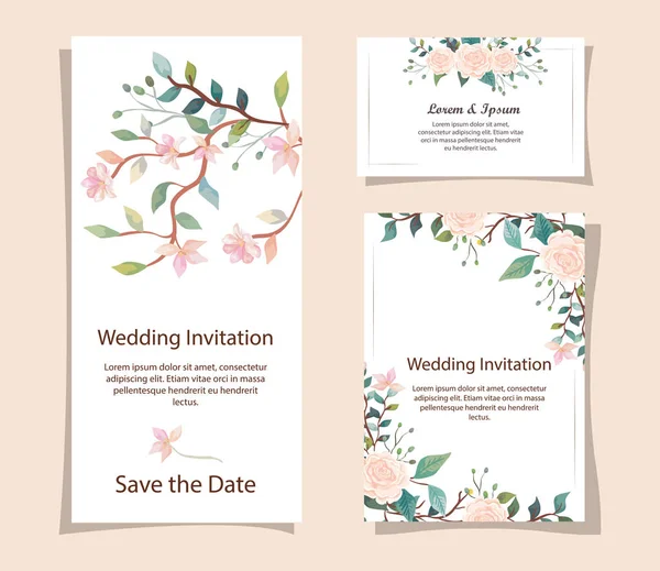 Set of wedding invitation cards with flowers decoration — Stock Vector