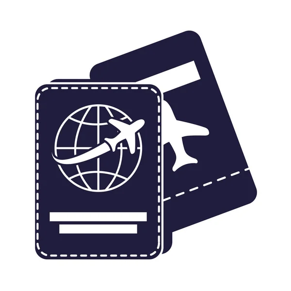 Aereo che vola trasporto in biglietti volo e passaporto — Vettoriale Stock