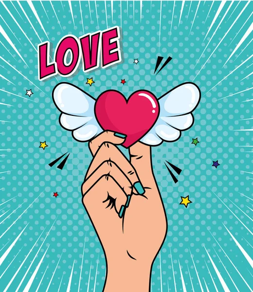 Main et coeur avec ailes icône de style pop art — Image vectorielle