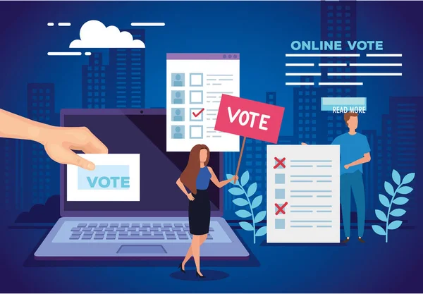 Плакат голосування онлайн з ноутбуком і людьми — стоковий вектор