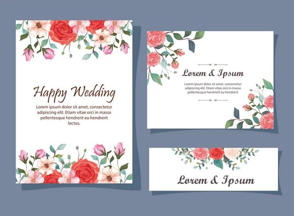 Zestaw kartek ślubnych z dekoracjami kwiatowymi — Wektor stockowy