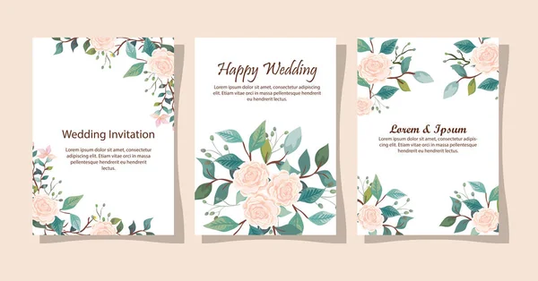 Σετ γαμήλιων προσκλήσεων με διακόσμηση λουλουδιών — Διανυσματικό Αρχείο