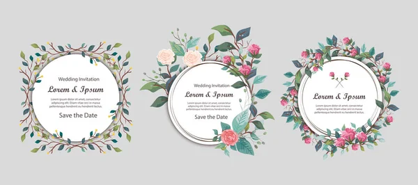 Σετ γαμήλιων προσκλήσεων κυκλικών καρτών με λουλούδια και φύλλα — Διανυσματικό Αρχείο