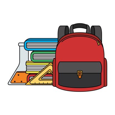 Okul çantası tüp testi ve kitaplarla dolu.