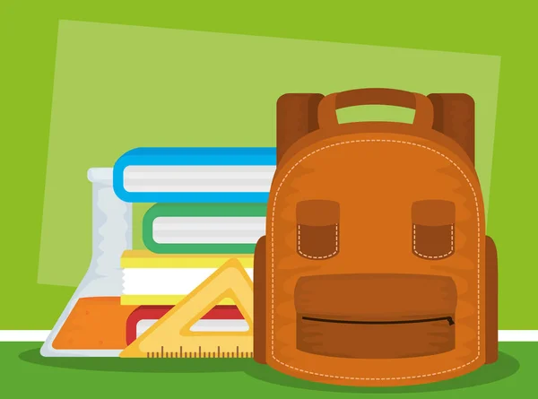 Voltar para o cartão escolar com saco escolar e livros de pilha —  Vetores de Stock