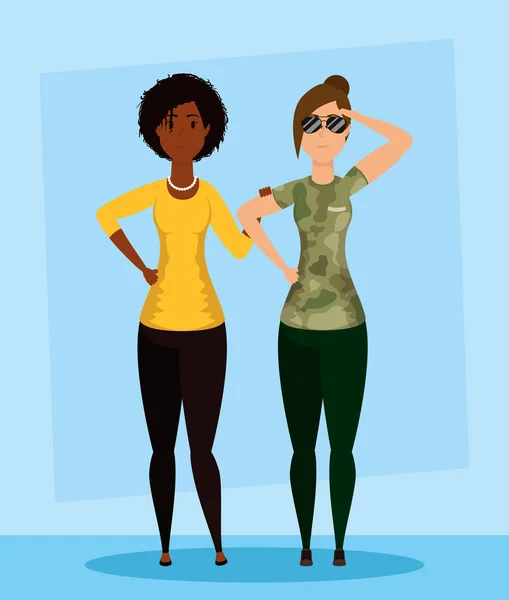 Mujer joven con ropa militar y afro chica — Vector de stock