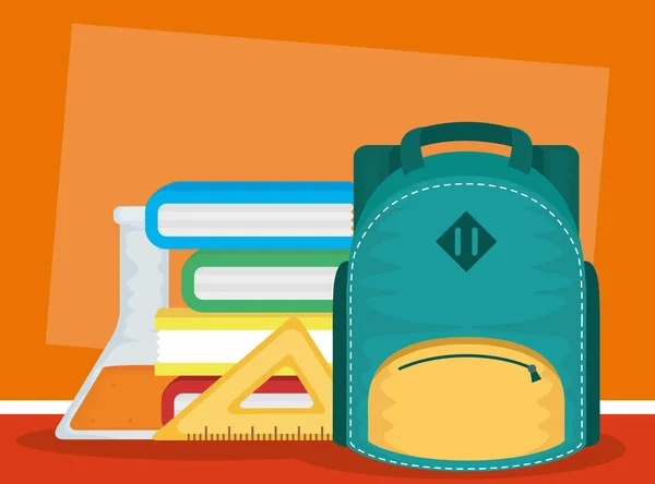 Back to school card with schoolbag and pile books — 스톡 벡터