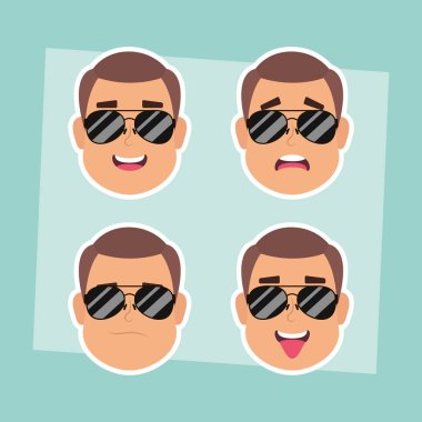 Güneş gözlüklü bir grup erkek yüzü.