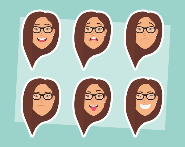 Group of women with eyeglasses heads and expressions — Stock Vector