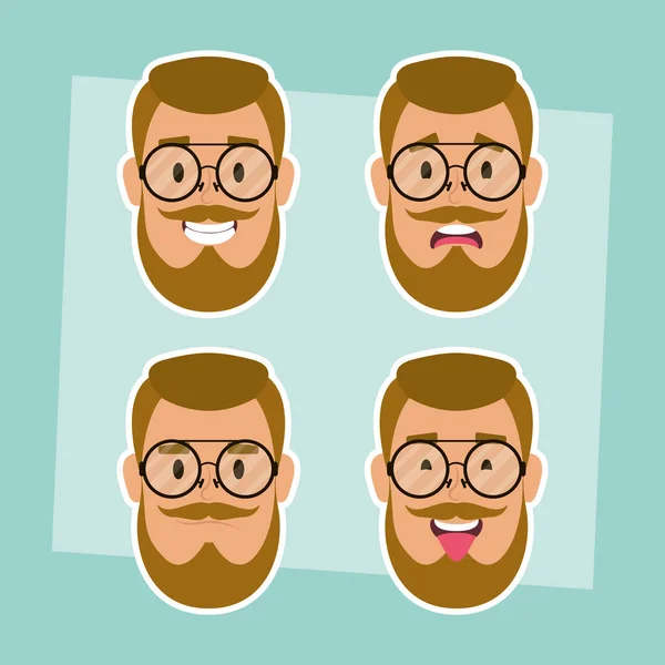 Gruppo di uomini volti con barba e occhiali — Vettoriale Stock