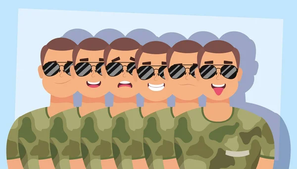 Gruppe von Männern mit militärischen Kleidungsstücken — Stockvektor