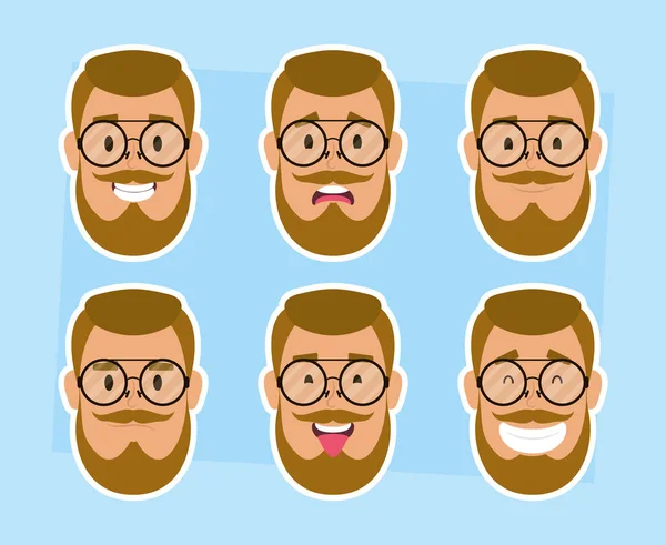 Group of man faces with beard and glasses — Stock Vector