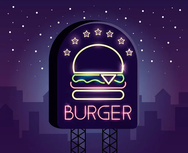 Burger Food Neonlicht-Etikett — Stockvektor