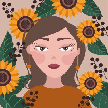 Kahverengi saçlı ve çiçekli güzel bir kadın.