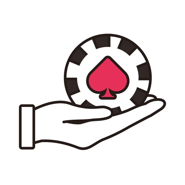 Hand lifting casino chip with spade isolated icon — ストックベクタ