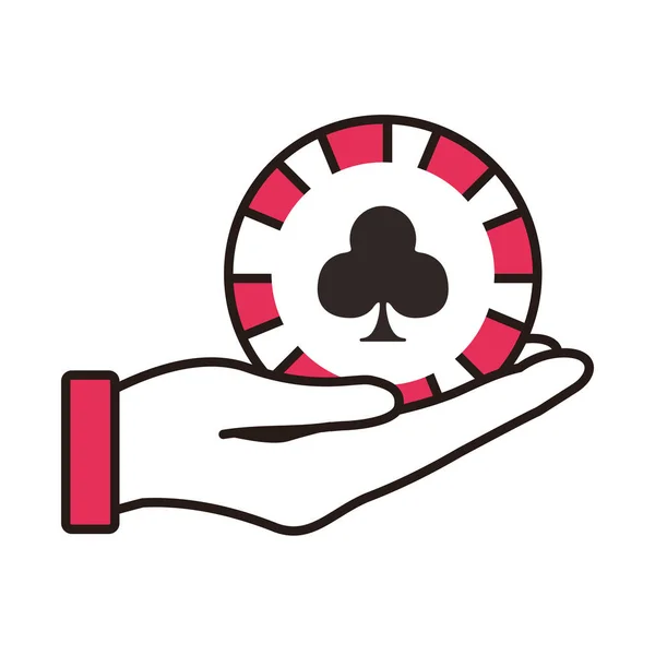 Hand lifting casino chip with clover isolated icon — 스톡 벡터