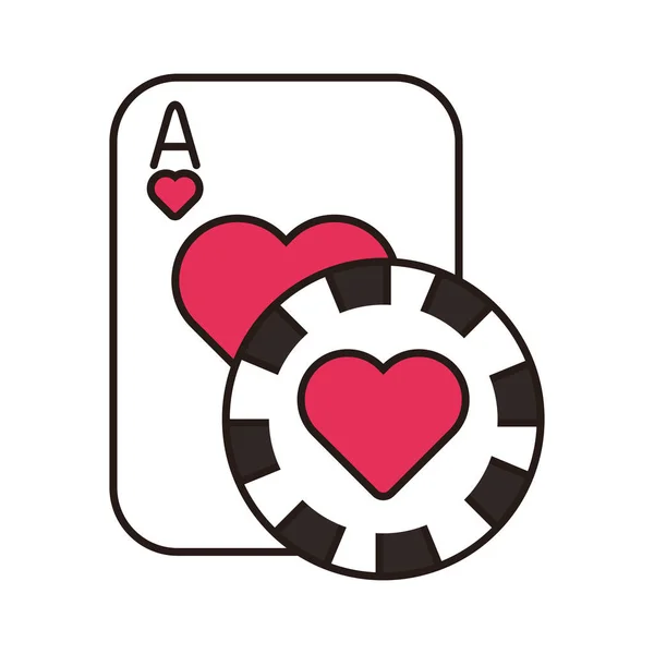 Casino poker kaart en chip met hart geïsoleerd pictogram — Stockvector
