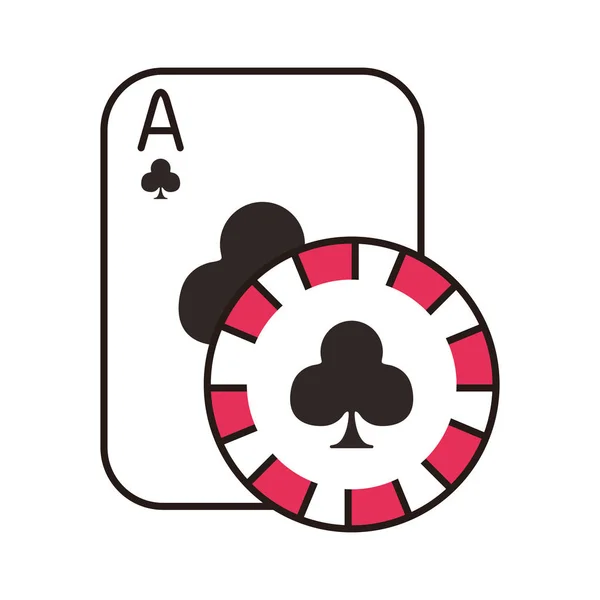 Tarjeta de póquer casino y chip con trébol icono aislado — Vector de stock