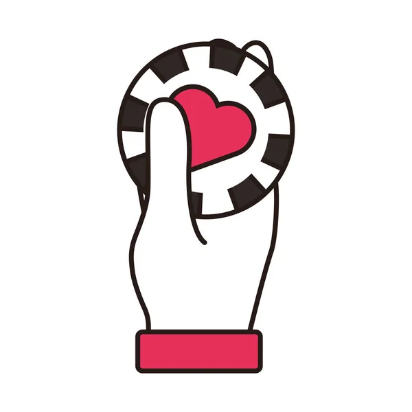 Hand lifting casino chip with heart isolated icon — 스톡 벡터