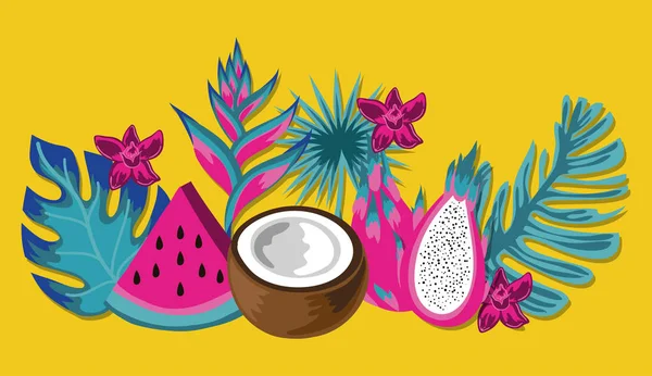热带水果和树叶装饰 — 图库矢量图片