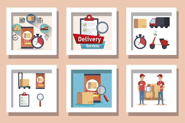 bundle of delivery service with workers and icons