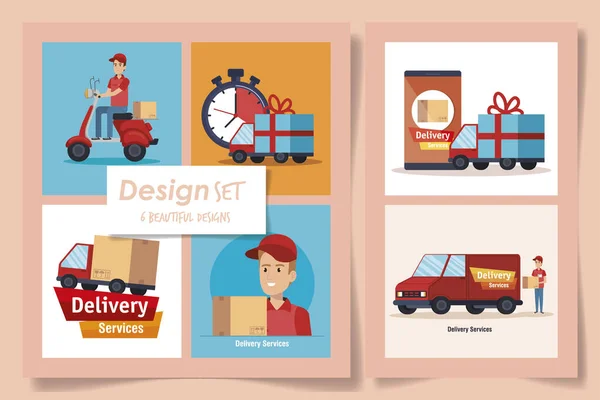 Six designs of delivery service with workers and icons — Stock Vector