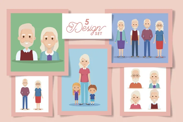 Cinque disegni di nonni con nipoti — Vettoriale Stock